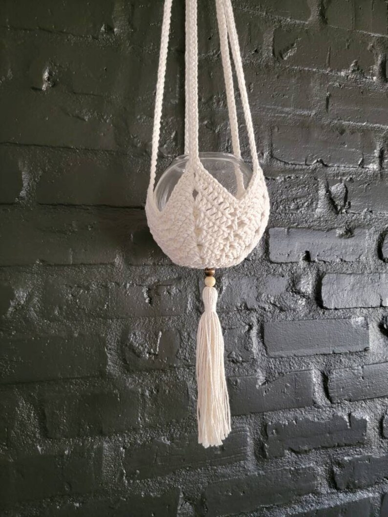 Crochet Hanging Planter with Beaded Tassel, Bubble Vase Included image 2