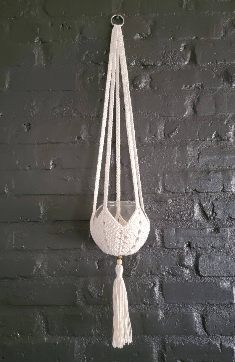 Crochet Hanging Planter with Beaded Tassel, Bubble Vase Included image 1