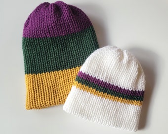 Infant to Child Size Mardi Gras Beanie - Rugby Stripe  and White with Stripes - Size Guide in Description