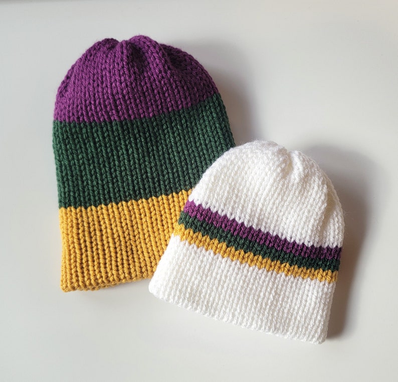 Infant to Child Size Mardi Gras Beanie Rugby Stripe and White with Stripes Size Guide in Description image 1
