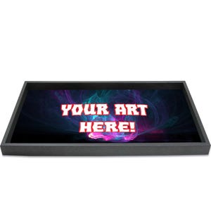 May include: A rectangular black tray with the text "YOUR ART HERE!" in red letters. The tray's interior features a colorful, abstract design with shades of blue, purple, and pink. The tray is set against a white background.