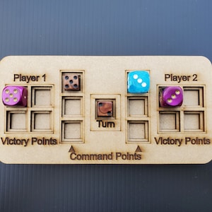 Puede incluir: Un tablero de juego de madera con espacios para dados y fichas. El tablero tiene etiquetas para Jugador 1, Jugador 2, Puntos de Victoria, Puntos de Comando y Turno. Hay dados en los espacios para el Jugador 1 y el Jugador 2.