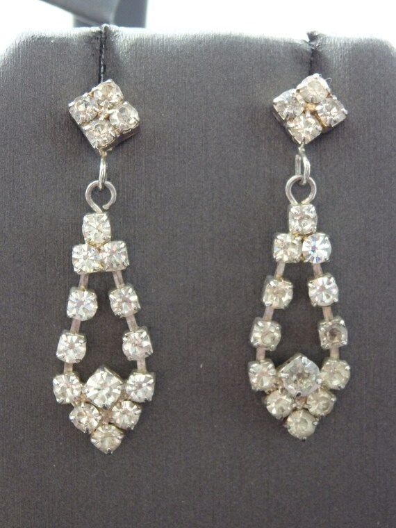Rhinestone Triangle Drop Silver Tone Post Earrings - image 2