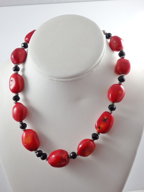 Chunky Red Coral Nugget and Black Crystal Necklac… - image 2