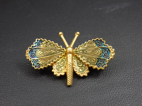 Wee Mid Century Damascene Butterfly Brooch - image 3