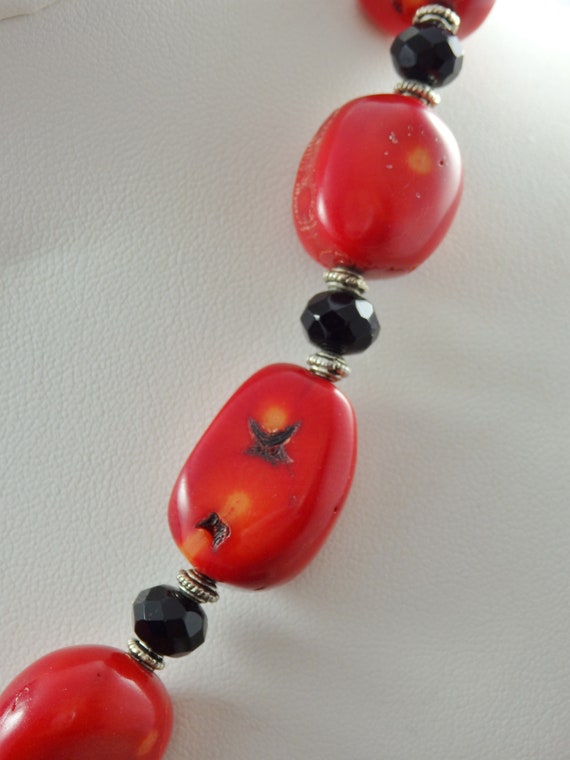 Chunky Red Coral Nugget and Black Crystal Necklac… - image 4