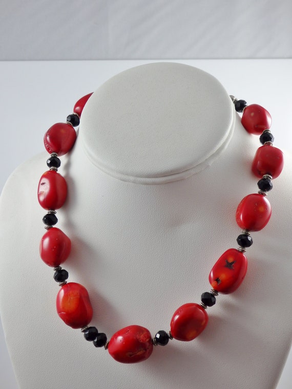 Chunky Red Coral Nugget and Black Crystal Necklac… - image 1