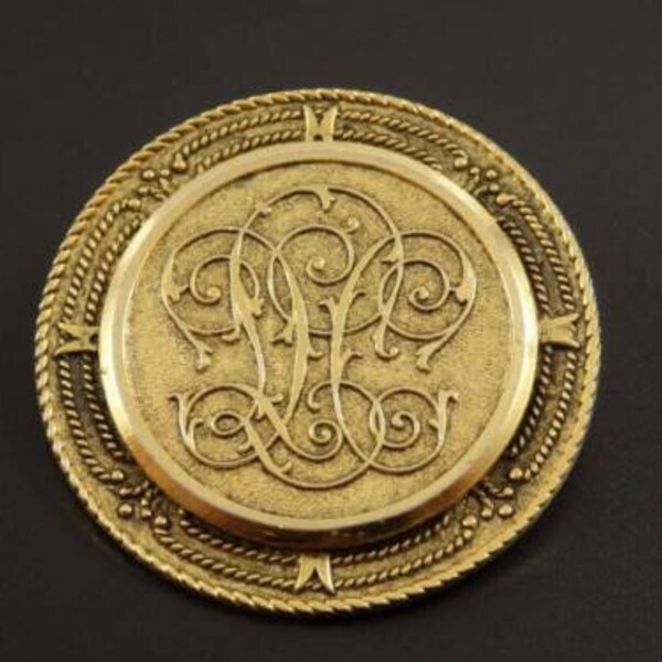 Vintage Freirich Repousse Scrolled Round Medallion Goldtone Brooch