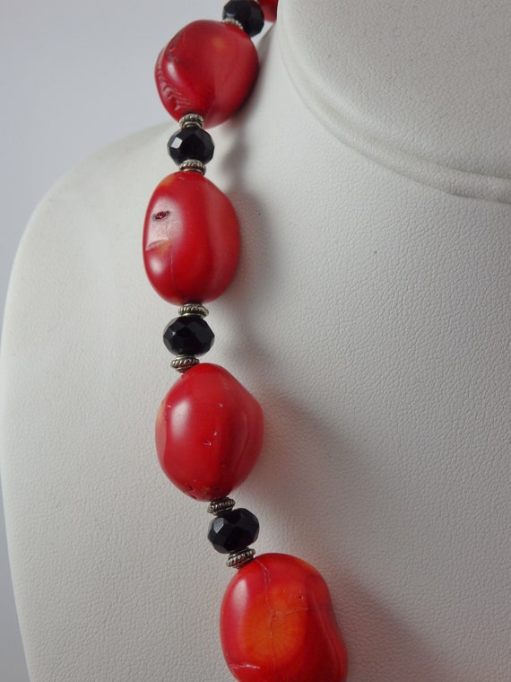 Chunky Red Coral Nugget and Black Crystal Necklac… - image 3