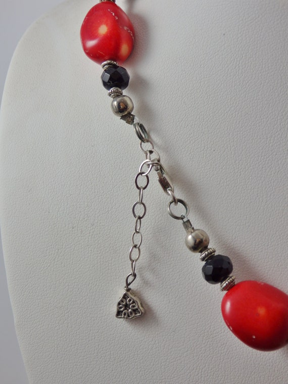 Chunky Red Coral Nugget and Black Crystal Necklac… - image 5