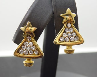 Pave Crystal Christmas Tree Goldtone Clip Earrings