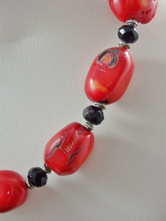 Chunky Red Coral Nugget and Black Crystal Necklac… - image 6