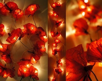 Guirlande lumineuse LED 20 coquelicots en papier de soie - rouge
