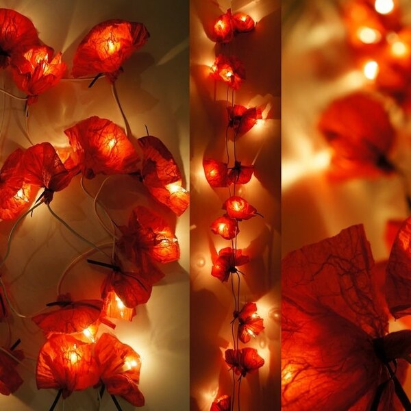 Guirlande lumineuse LED 20 coquelicots en papier de soie - rouge