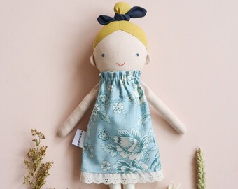 Sunnie - blue dress / Top knot girl / blonde hair doll / keepsake doll