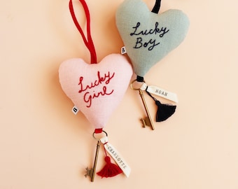 Lucky Girl, Lucky Boy Heart and Key Ornament - Valentine's day gift