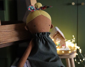 Mollie - Top knot girl / Christmas / dark skin doll / yellow hair / blonde / textile doll