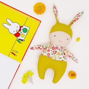 Bunny doll / rabbit rattle / soft toy / baby gift / heirloom doll / dark skin doll / nursery decor / waldorf doll