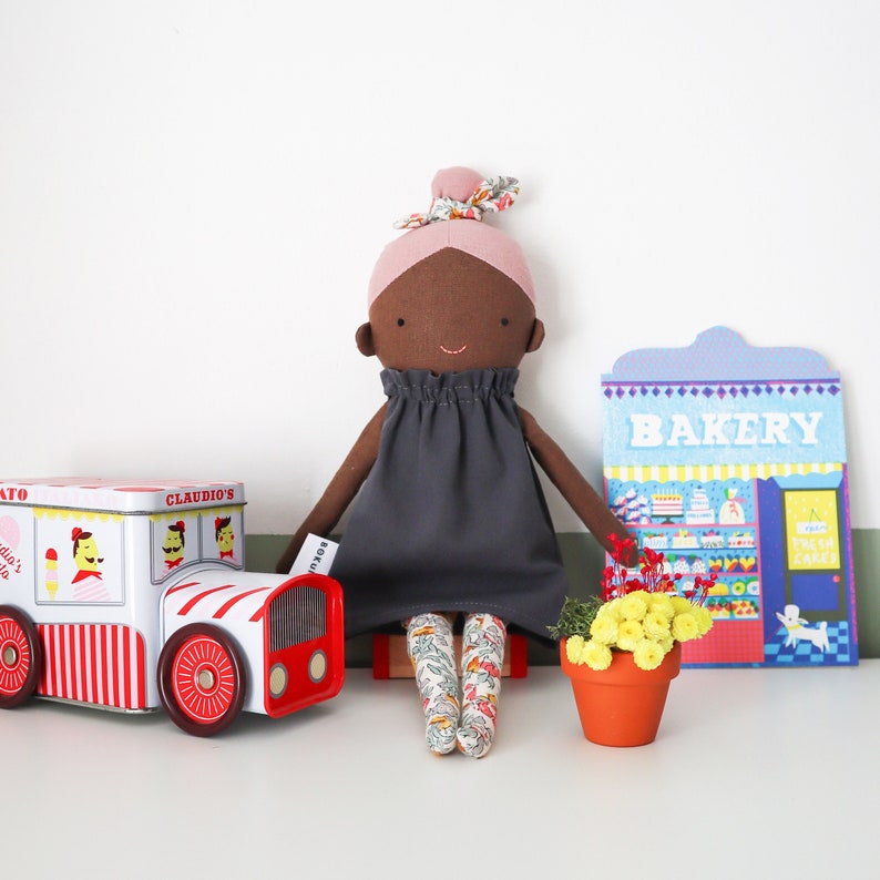 Minnie Top knot girl / dark skin doll / black doll / pink hair / textile doll image 1