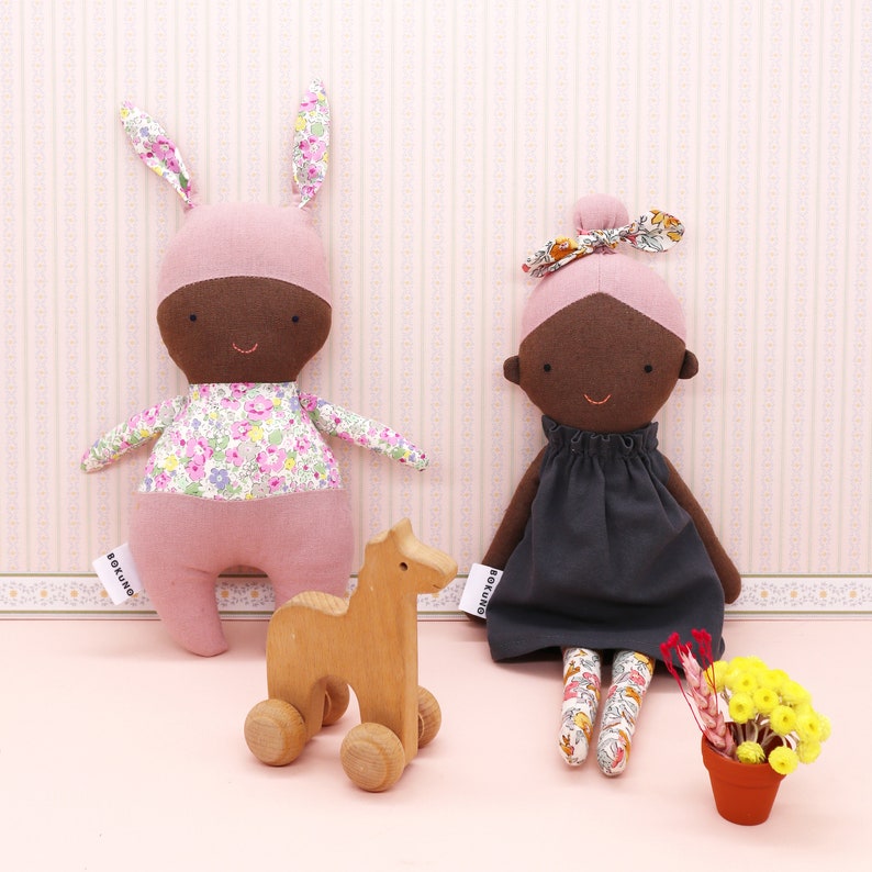 Minnie Top knot girl / dark skin doll / black doll / pink hair / textile doll image 6