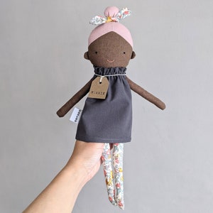 Minnie Top knot girl / dark skin doll / black doll / pink hair / textile doll image 5