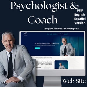 Puede incluir: Una plantilla de sitio web para psicólogos y entrenadores. La plantilla presenta un esquema de color azul y blanco con una foto de un hombre con traje. El texto en el sitio web dice "Tu Bienestar Emocional, Mi Prioridad", que se traduce como "Tu bienestar emocional, mi prioridad".