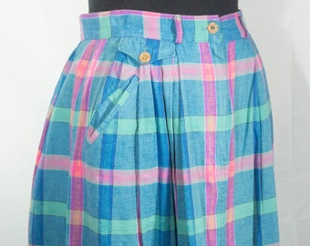 Vintage Skirt 80's Plaid Pleated Midi Pastels - VTG Size 12