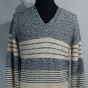 Vintage 70s Striped Knit V-Neck Sweater: USA Made Campus Pullover, Men&#39;s M