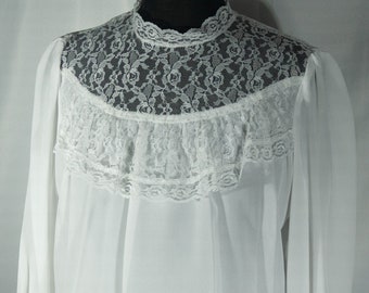 Vintage Victorian Style Blouse 80s High Neck Lace 'Breezy of California' Label - No Size on Label, M ? 40" Chest