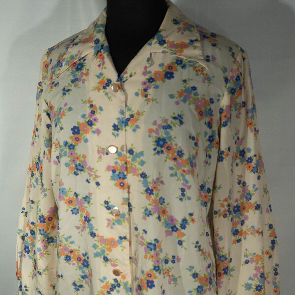 60s Blouse Vintage Notch Wing Collar Top Romantic Sleeves "Gordon Baron Sportswear Dallas" Designer Texas Label - Size L ?, 44" Chest