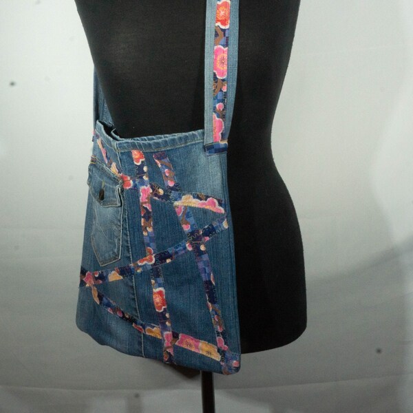 Vintage Jean Purse Mixed Textile & Denim Shoulder Bag Sack Repurposed Jeans Handmade Hand Sewn