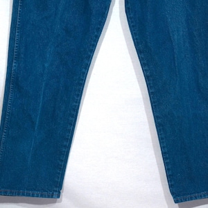 May include: A pair of blue denim jeans. The jeans are a medium wash, with visible seams and a classic straight-leg fit. The fabric appears to be sturdy and durable, suitable for everyday wear. The image shows the lower portion of the pants.