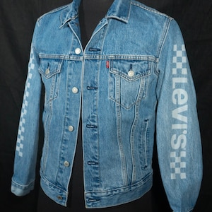 Vintage Jacket Levi&#39;s Jean Jacket Levis Denim Coat Levi Strauss & Co. Race Track Checker Flag Design - Men&#39;s Size S , 40&quot; Chest