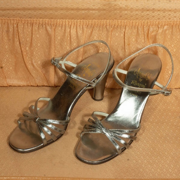 Vintage 70s Strappy Heels Made in Italy Silver Shiny Leather Sandals Retro Boho Disco Style Amalfi by Rangoni label  - Size 7 narrow