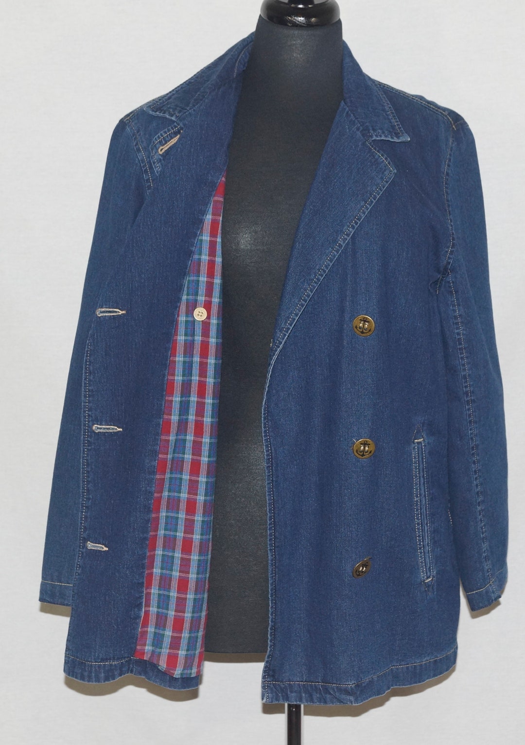 Flannel Jean Jacket Vintage Liz Claiborne Nautical Trench Coat Cut 100 Cotton Denim Lizwear