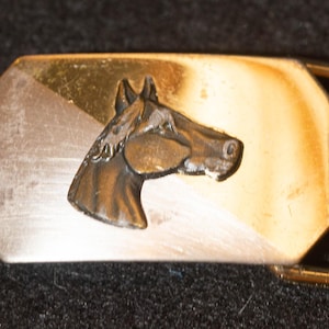 Vintage Horse Belt Buckle 1970&#39;s Made in USA Stamp Silver & Gold Tone Metal Small Buckle Women&#39;s or Kids&#39; Thin Belt Size - Horse Lover Gift
