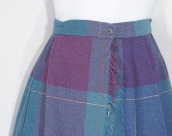 Vintage wollen rok 70's Wool Plaid Union Stamp Made in USA Russ Label Geplooide Wrap - Meisjesmaat, 23" Taille