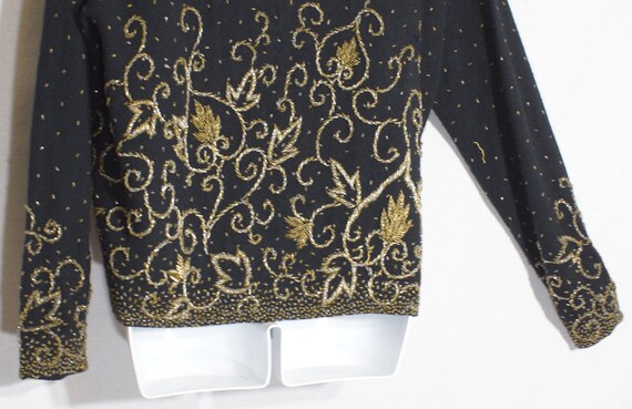 Vintage Gold Beaded Top Black Wool Cardigan Sweat… - image 7