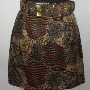 Vintage Mini Skirt 80&#39;s Made in USA &quot;April&quot; Label Leopard Tiger Mixed Animal Print VTG Women&#39;s Size M, 28&quot; High Waist , Excellent Condition