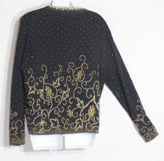 Vintage Gold Beaded Top Black Wool Cardigan Sweat… - image 3
