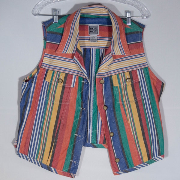 Vintage Top 80s / 90s Colorful Sleeveless Button Down Shirt Vest 100% Cotton Russ Label - Size M - So Fresh!