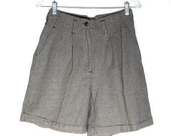 Vintage 80s Houndstooth Linen Cotton Shorts – High Rise Cuffed Hem
