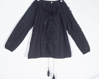 Peasant Top Folk Blouse Smock Shirt Cut Embroidery Boho Black Cotton Linen - Size XS / S