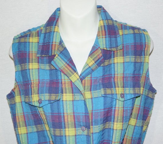 Vintage Sleeveless Top 80s Blouse Plaid Front Tie… - image 5