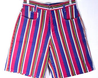 Vintage Striped Denim Jean Shorts: 80s Made in USA Bare Back Design - Size M