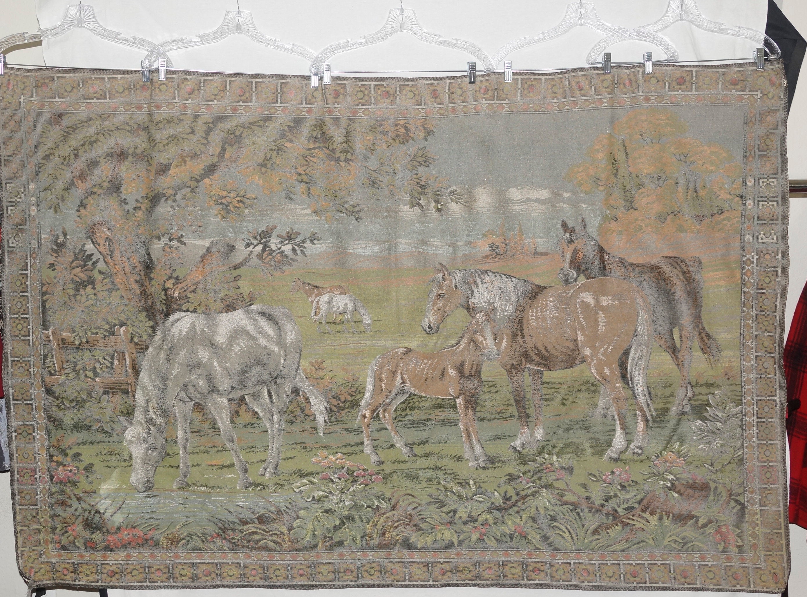 Vintage LARGE Horses Velvet Tapestry Rug 78 x 48 Wall Hanging Horse Family Farmhouse Cabin Retro Decor 1970s