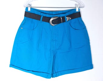 Vintage 90s High Waist Jean Shorts: Aqua Blue Denim Cuffed - VTG Size 13/14