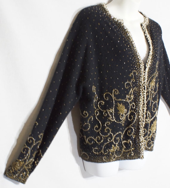 Vintage Gold Beaded Top Black Wool Cardigan Sweat… - image 2