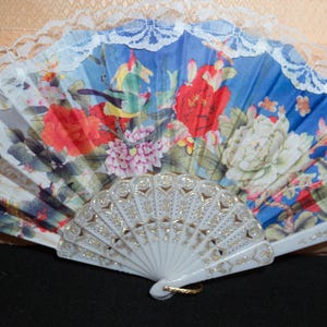 Vintage Hand Fan Retro Folding Fan Art Decor Bird and Floral Print Fabric Lace Trim Gold Lettering - Precious, Sweet & Lovely