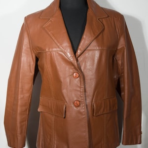 Vintage Jacket Leather Coat 70&#39;s 80&#39;s The Leather Shop Made in Argentina Sears Label Blazer Cut Lined - VTG Women&#39;s Size 14 , 42&quot; Chest